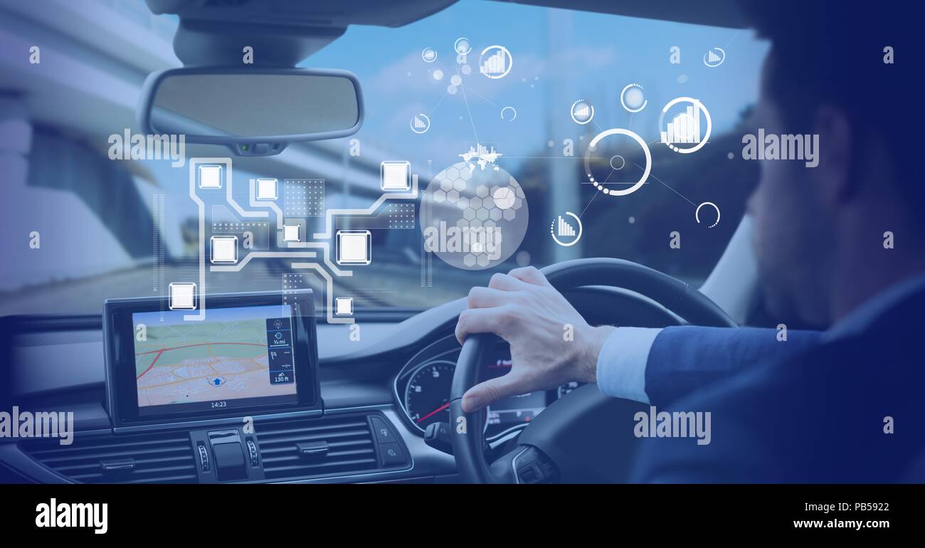 Man driving in car with heads up display interface Stock Photo - Alamy
