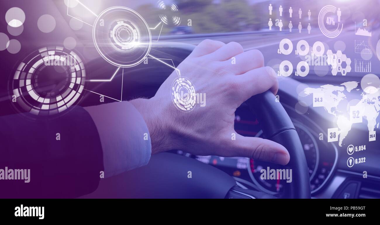 Man driving in car with heads up display interface Stock Photo - Alamy