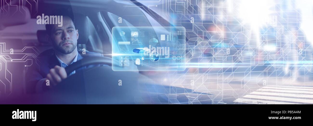 Man driving in car with heads up display interface and city transition Stock Photo