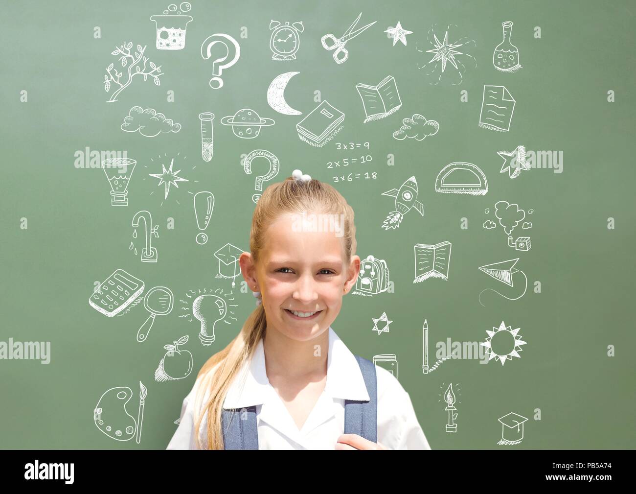 School girl and Education drawing on blackboard for school Stock Photo