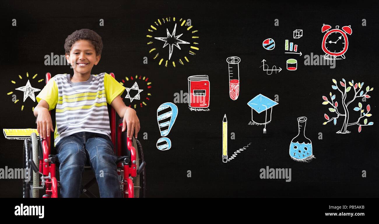 School boy in wheelchair and Education drawing on blackboard for school Stock Photo