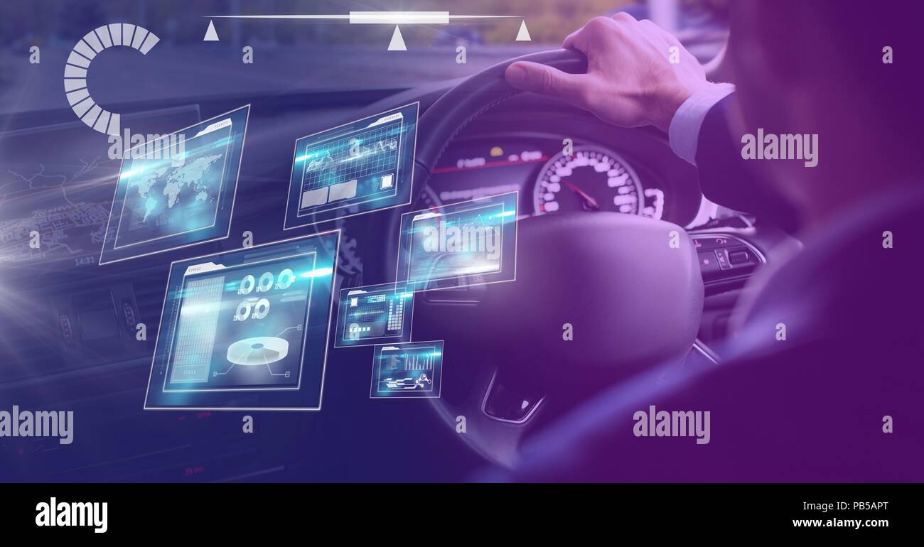 Man driving in car with heads up display interface Stock Photo - Alamy