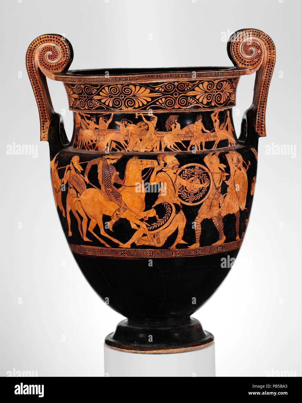 Terracotta volute-krater (bowl for mixing wine and water). Culture: Greek, Attic. Dimensions: H. 25 in. (63.5 cm). Date: ca. 450 B.C..  On the neck, obverse, battle of centaurs and Lapiths; reverse, youths and women  Around the body, Amazonomachy (battle between Greeks and Amazons)  The ancient Greeks almost never depicted contemporary or historical events in art.  Thus, while literary works of the fifth century B.C. make clear that the Greeks understood the magnitude of their victory in the Persian Wars, there was no concern among artists to illustrate major events or personalities.  Instead, Stock Photo