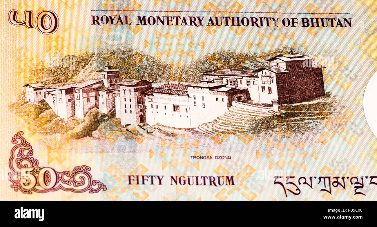 50 ngultrum bank note of Bhutan. Ngultrum is the national currency of