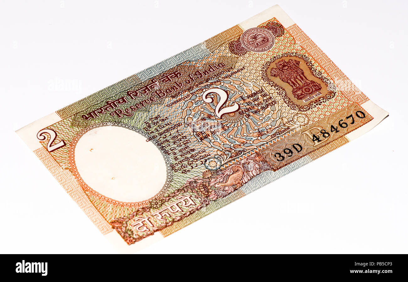 2 rupees bank note of India. Rupee is the national currency of India Stock Photo