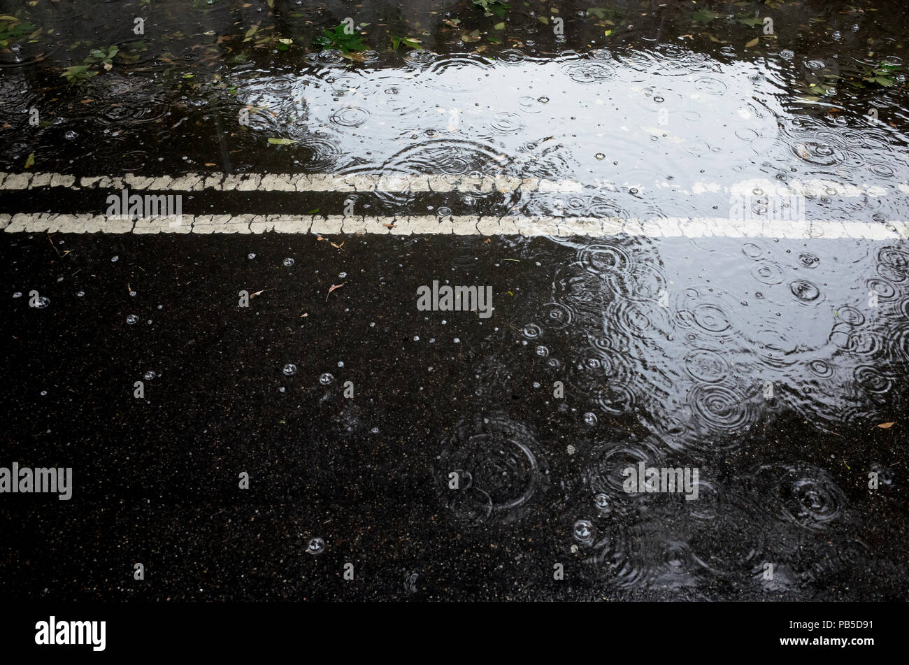 rainy weather puddle. city road bad weather Stock Photo