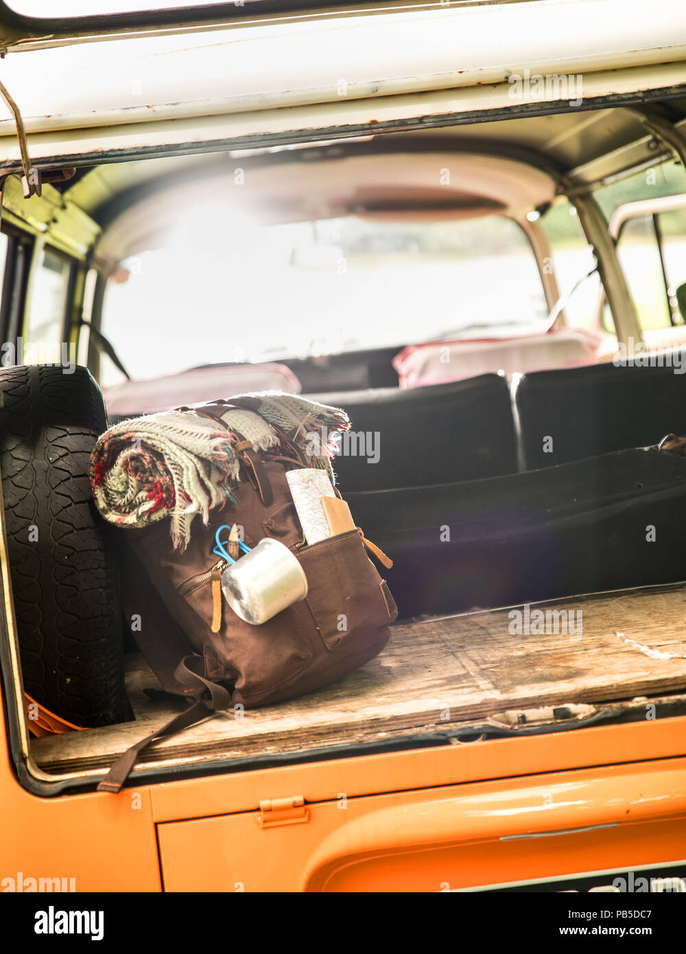 Backpack inside a truck, ready for hiking Stock Photo