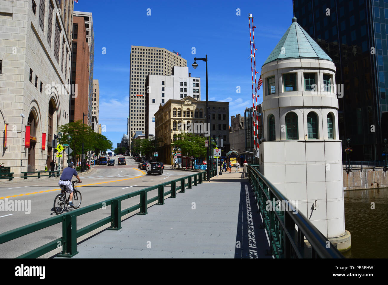 The Wisconsin Street lift bridge over the river in downtown Milwaukee. Stock Photo