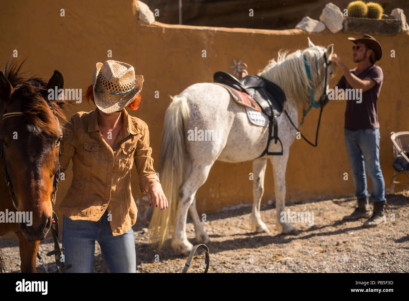 couple in countryside prepare horses to go outdoor traveling and discover new plces in excursion. ntaural outdoor lifestyle for happiness and pet ther Stock Photo