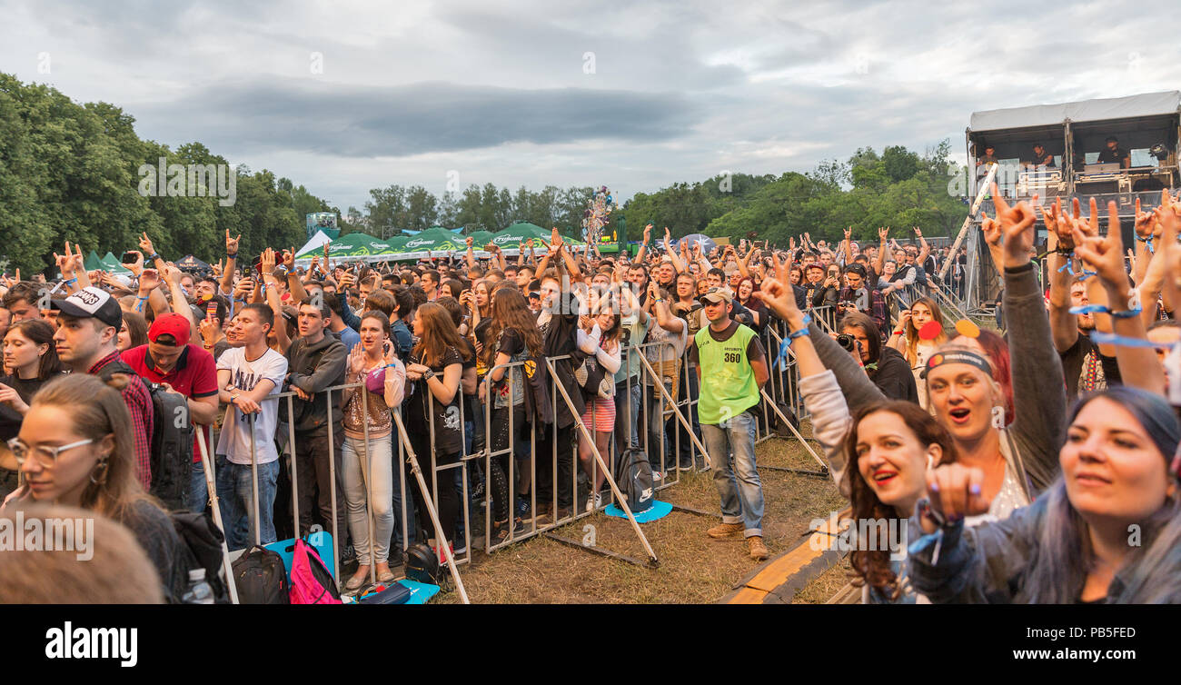 KIEV, UKRAINE - JULY 04, 2018: Fans crowd enjoy Dutch symphonic metal