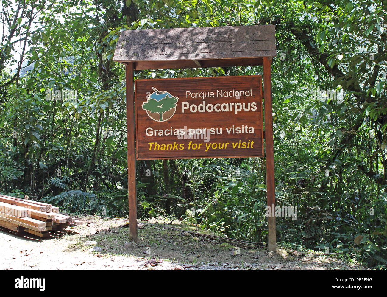 exit sign for the Podocarpus National Park  Loja, Ecuador     February Stock Photo