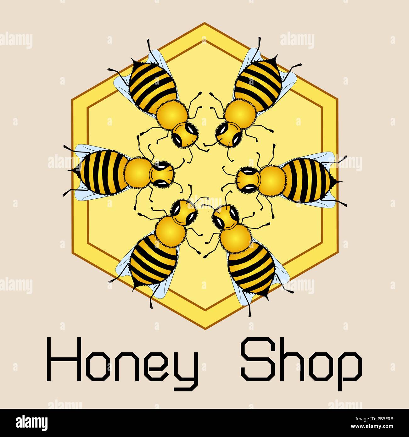 Cute frame of flying bees, shiny gold print. Honey shop emblem, welcome sign. Vector illustration Stock Vector