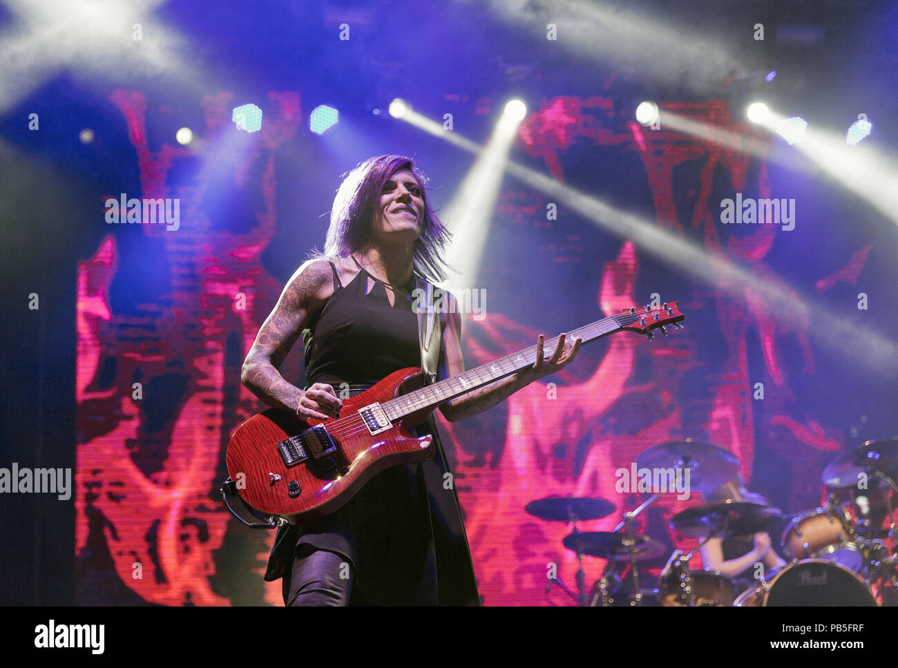 KIEV, UKRAINE - JULY 04, 2018: American Christian metal rock band Skillet and Korey Cooper, rhythm guitarist performs live at the Atlas Weekend Festiv Stock Photo