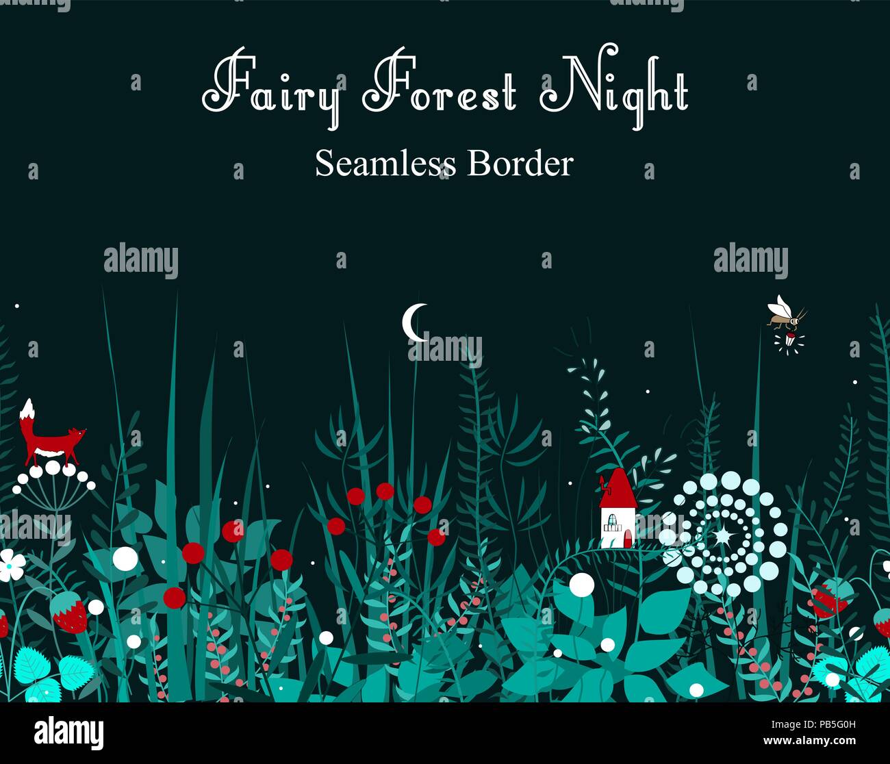Vector seamless border with forest plants, and fairy house. Background for frames, decorative scotch tape, books, and cards. Vector illustration. Stock Vector