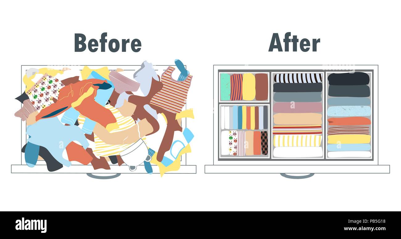 Before and after tidying up kids wardrobe in drawer. Messy clothes and nicely arranged clothes in boxes inside the drawer. Vector illustration. Cleani Stock Vector