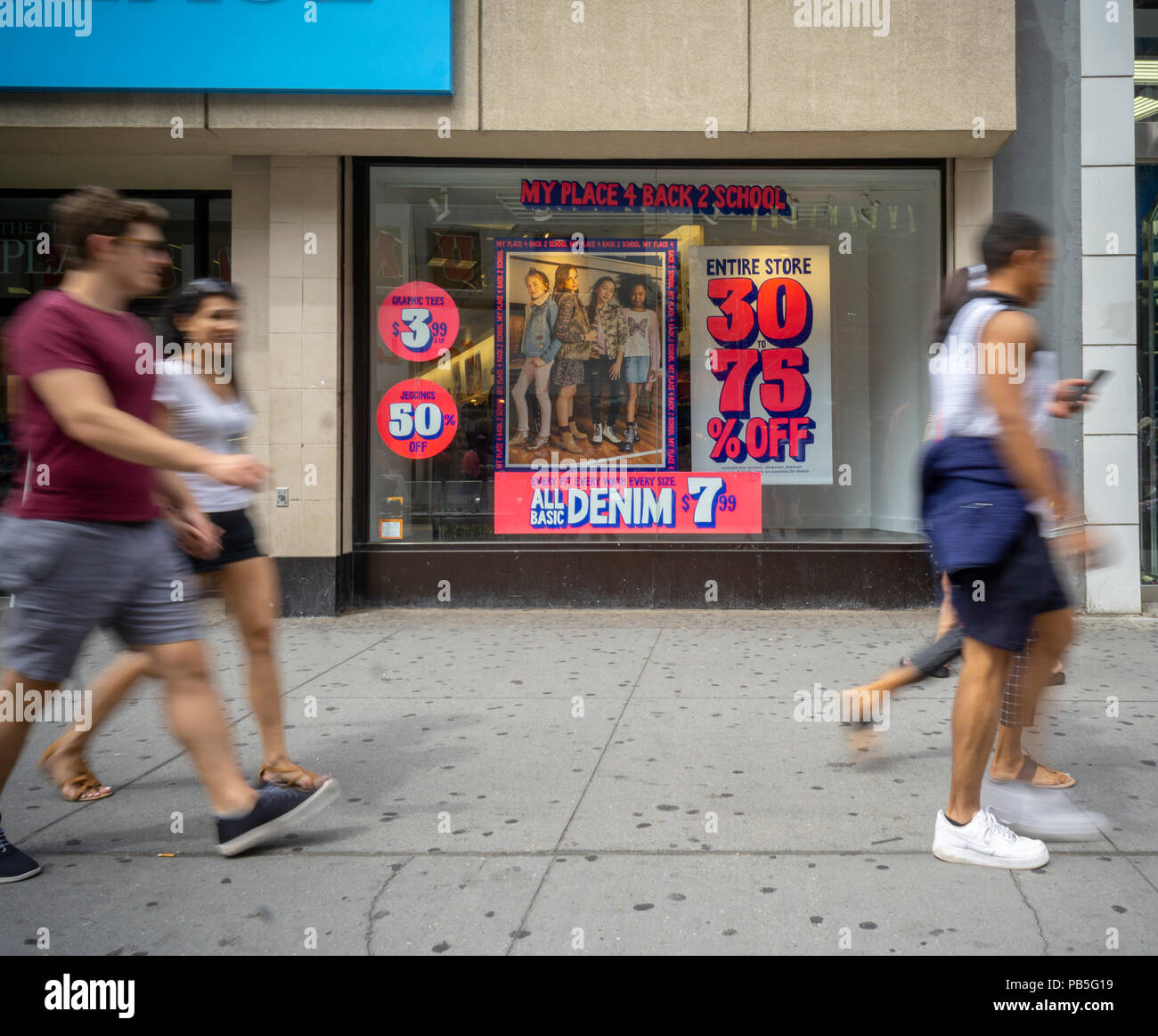 A Children's Place store in Downtown Brooklyn in New York on Saturday, July 21, 2018 kicks off the back-to-school shopping season in its window display. (© Richard B. Levine) Stock Photo