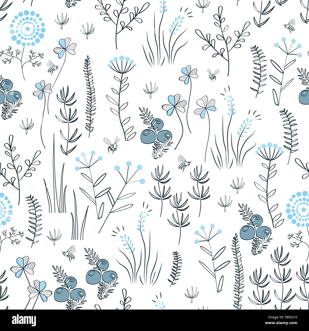 Floral vector seamless pattern with wild herbs, forest flowers and leaves. Vintage botanical background. Hand drawn natural meadow Stock Vector
