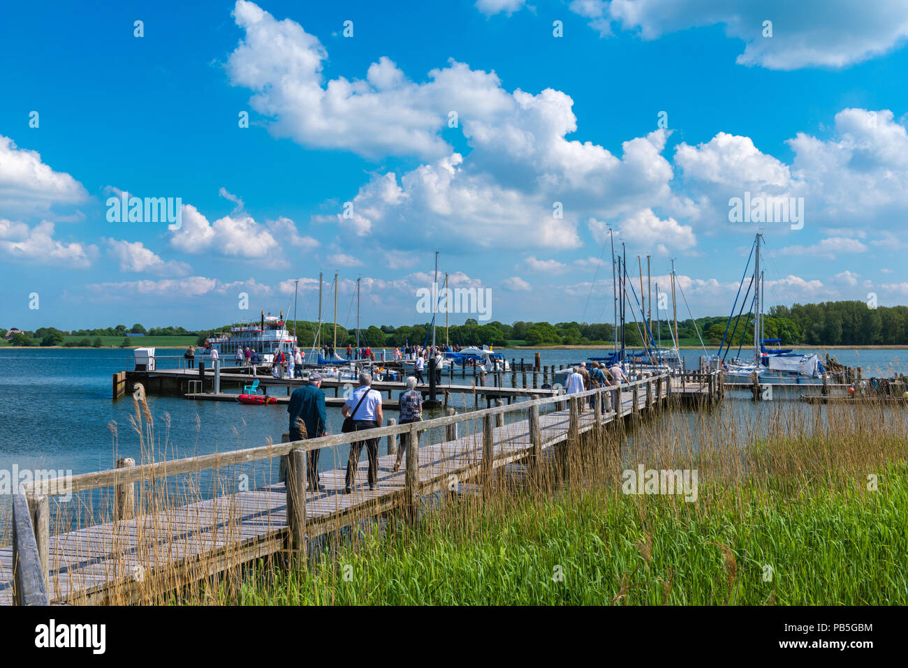 Excursion of elderly people with the  Schlei Princess, Schlei Fjord,  Lindaunis, landscape of Angeln, Schleswig-Holstein, Germany, Europe Stock Photo