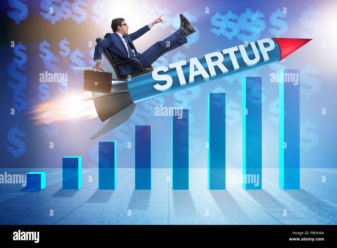 Businessman in start-up concept flying on rocket Stock Photo - Alamy