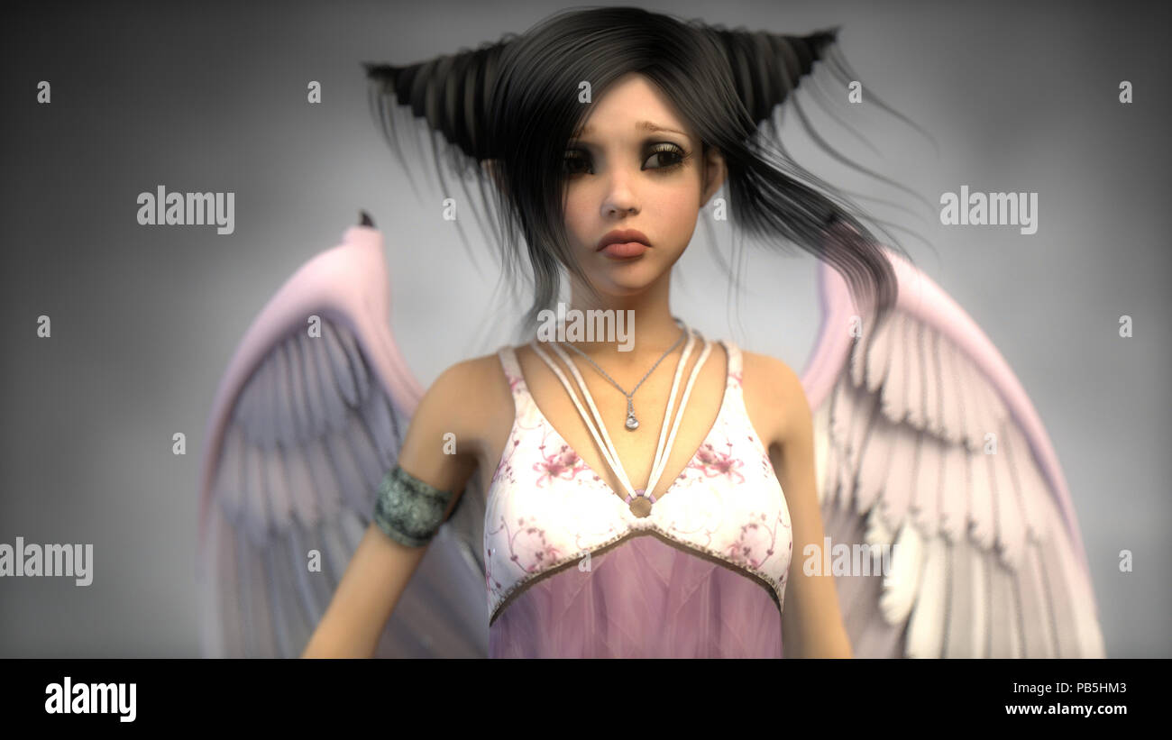 3d rendering of sad little angel girl with white feather wings Stock Photo  - Alamy