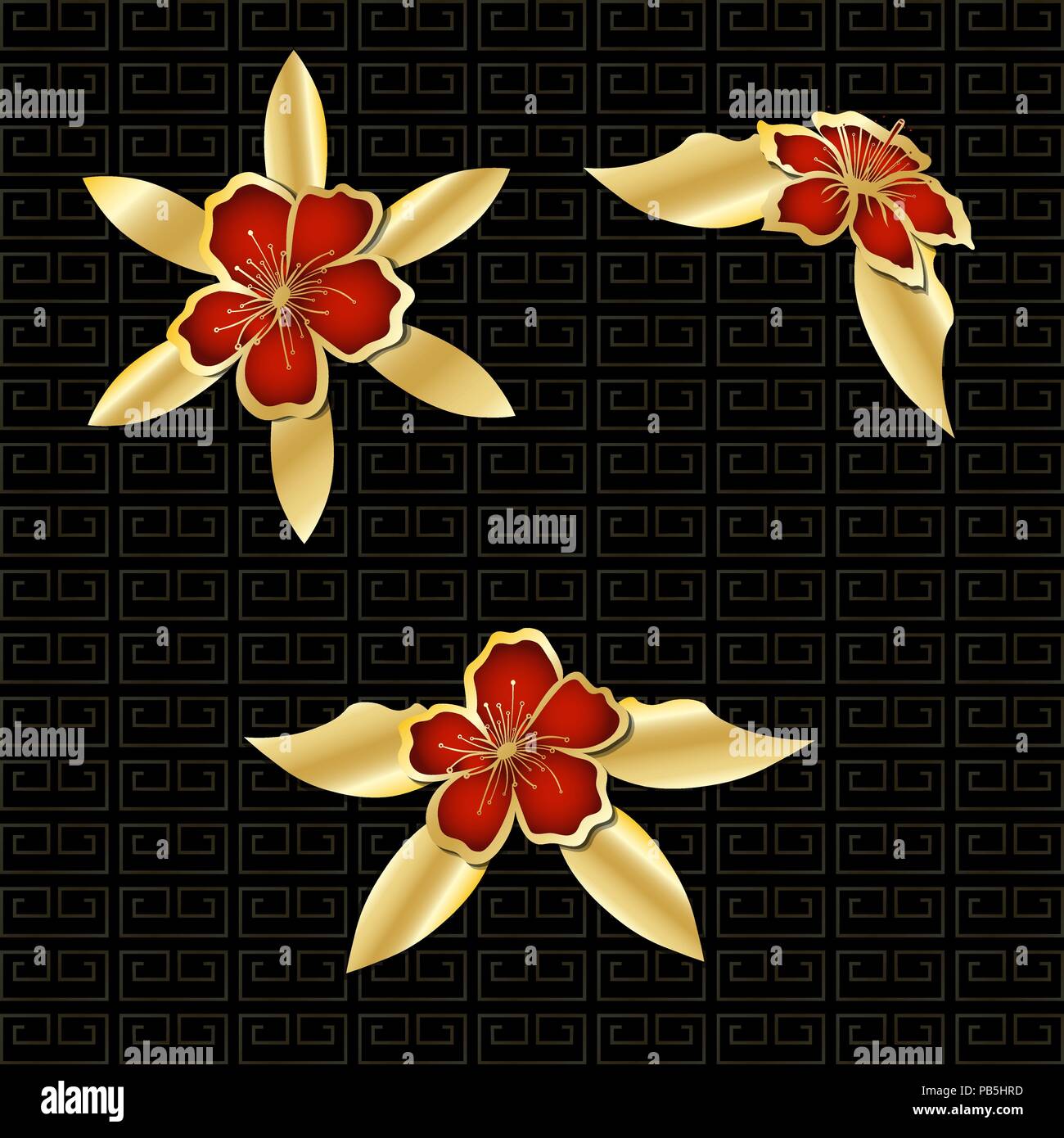 Gold red flowers on dark background. Vector illustration Stock Vector ...