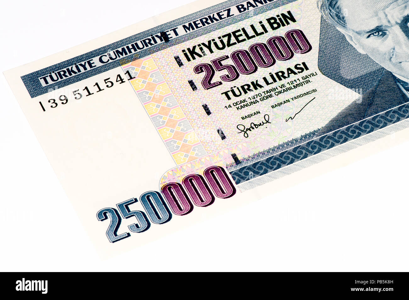 250000 Turkish liras bank note. Turkish lira is the national currency