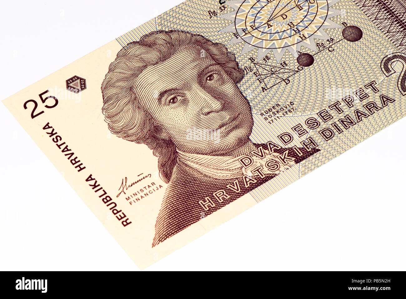 25 Hrvatski dinar bank note. Croatian dinar is the former currency of Croatia Stock Photo