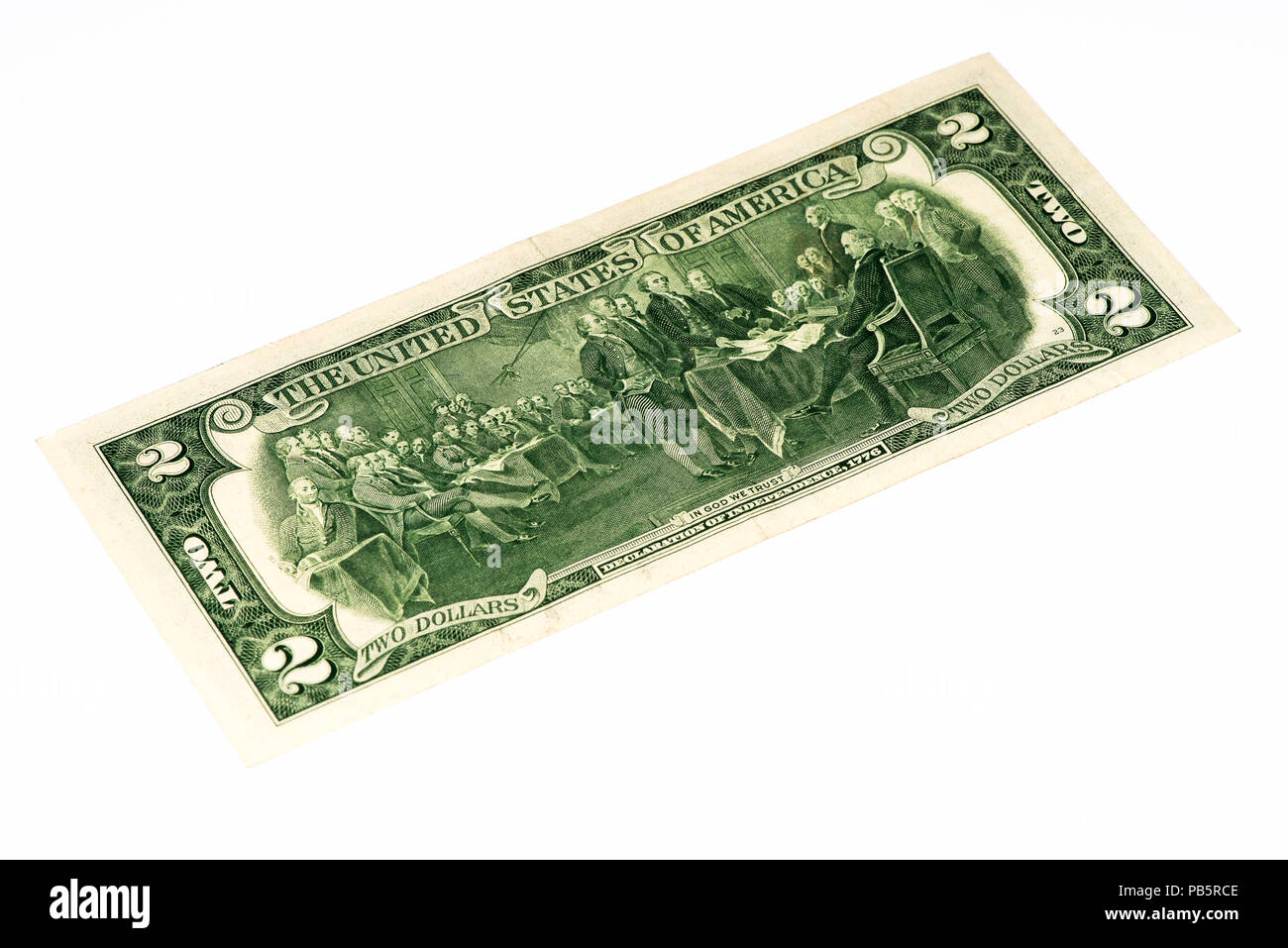 Signing the declaration of independence on the 2 US dollars bank note ...