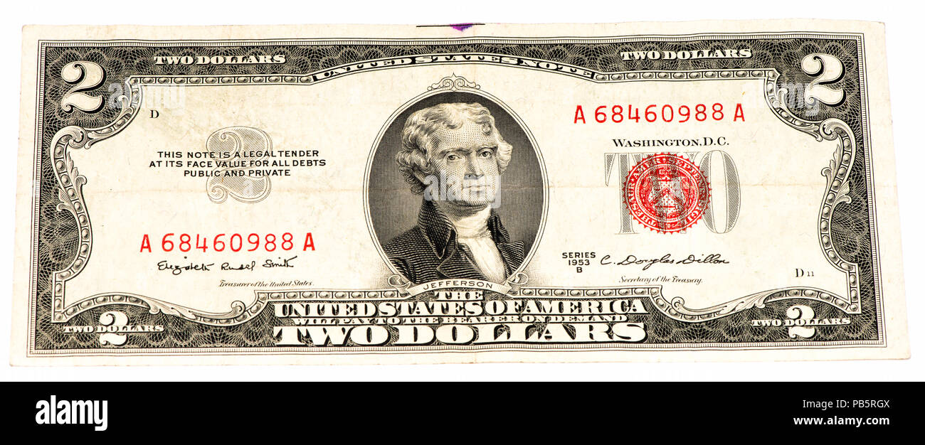 President Jefferson portrait on the 2 US dollars bank note made in 1953
