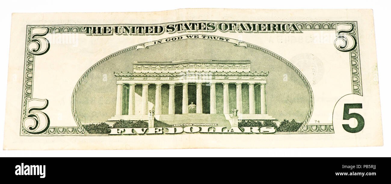 Lincoln memorial on a 5 US dollars banknote made in 2003 Stock Photo ...