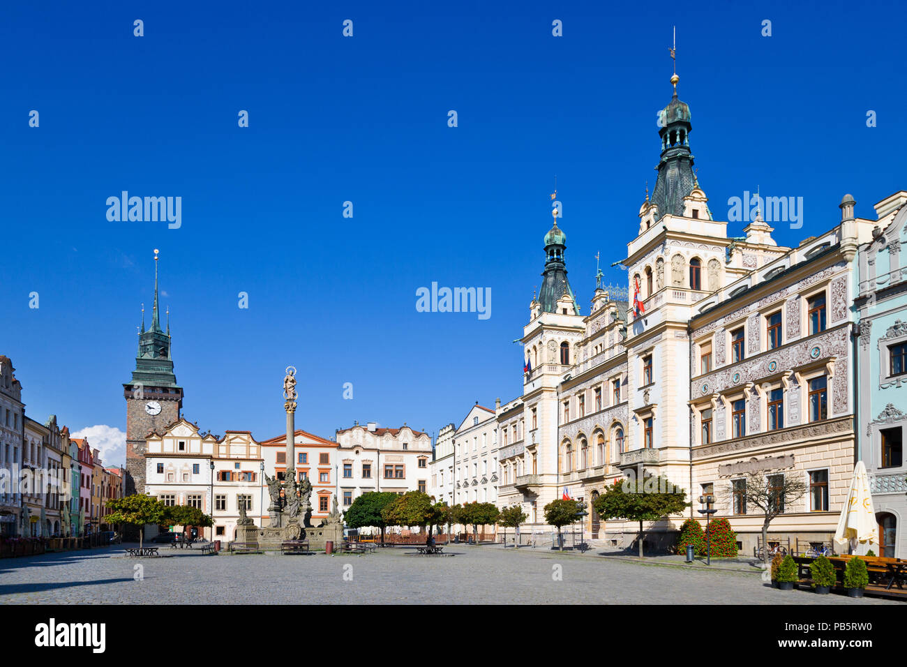 Renaissance town hall and Marian column, Green gate, Pardubice, East Bohemia, Czech republic Stock Photo