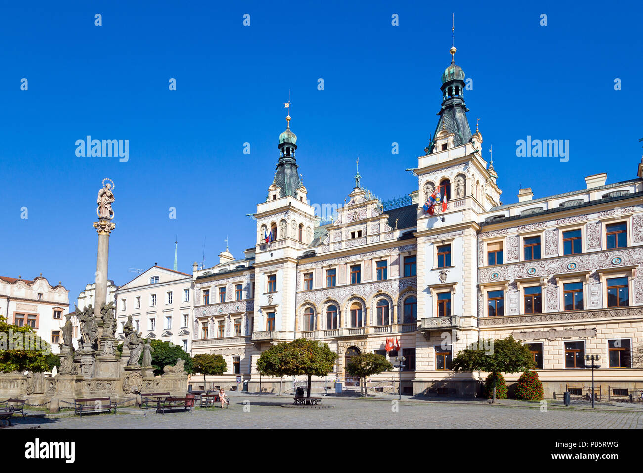 Renaissance town hall and Marian column, Pardubice, East Bohemia, Czech republic Stock Photo