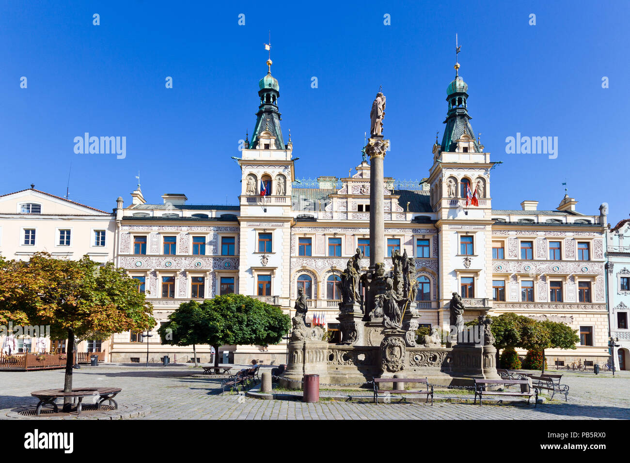 Renaissance town hall and Marian column, Pardubice, East Bohemia, Czech republic Stock Photo