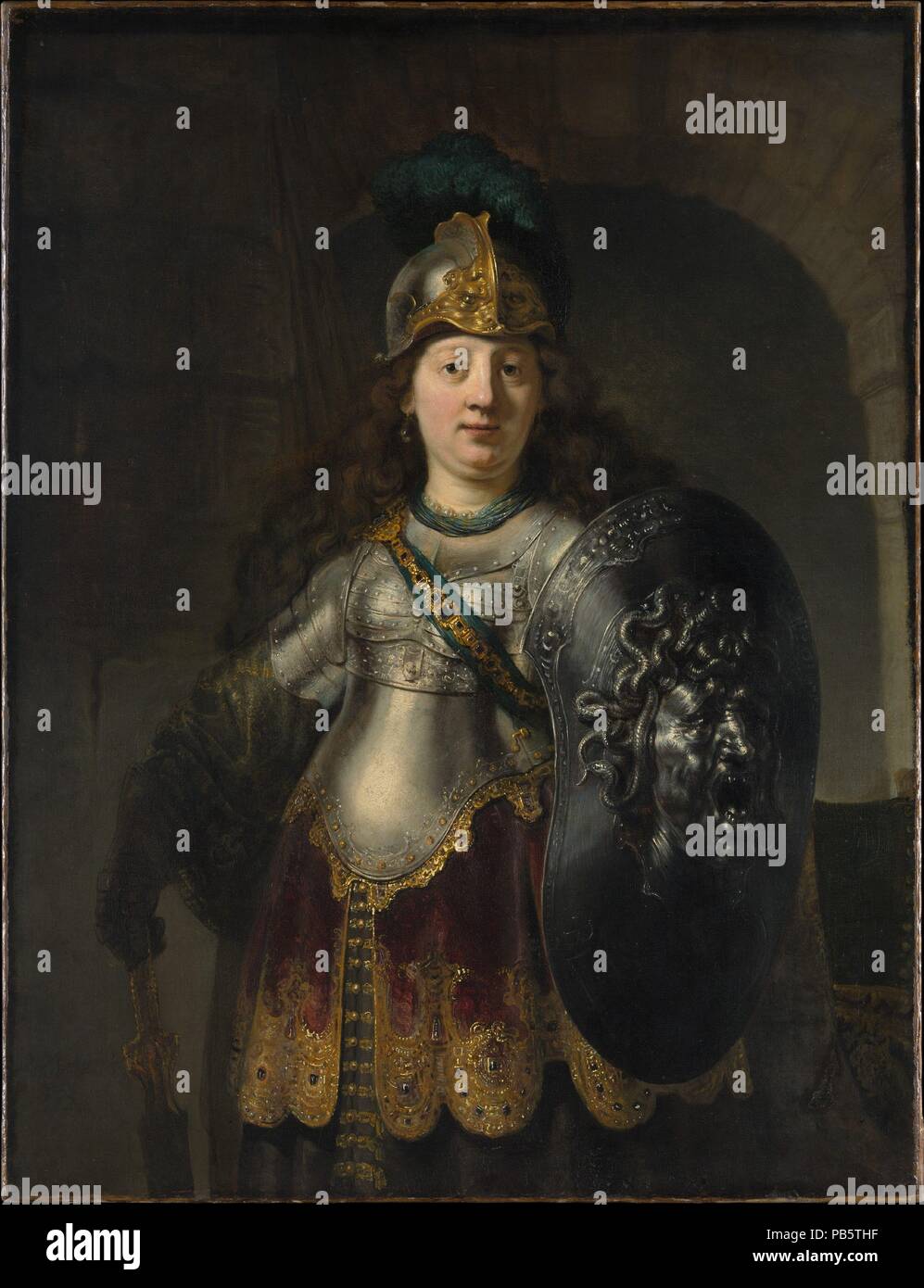 Bellona. Artist: Rembrandt (Rembrandt van Rijn) (Dutch, Leiden 1606-1669 Amsterdam). Dimensions: 50 x 38 3/8 in. (127 x 97.5 cm). Date: 1633.  Rembrandt's sober and powerful depiction of Bellona, the Roman goddess of war, was perhaps intended to suggest the new Dutch Republic's readiness to repel foreign forces. Images of Mars and his sister Bellona occasionally decorated the headquarters of civic guard companies. The shield, with its frightful face of Medusa, was added at a late stage of work, probably in response to seeing a version of Rubens's well-known painting of a severed Medusa's head. Stock Photo