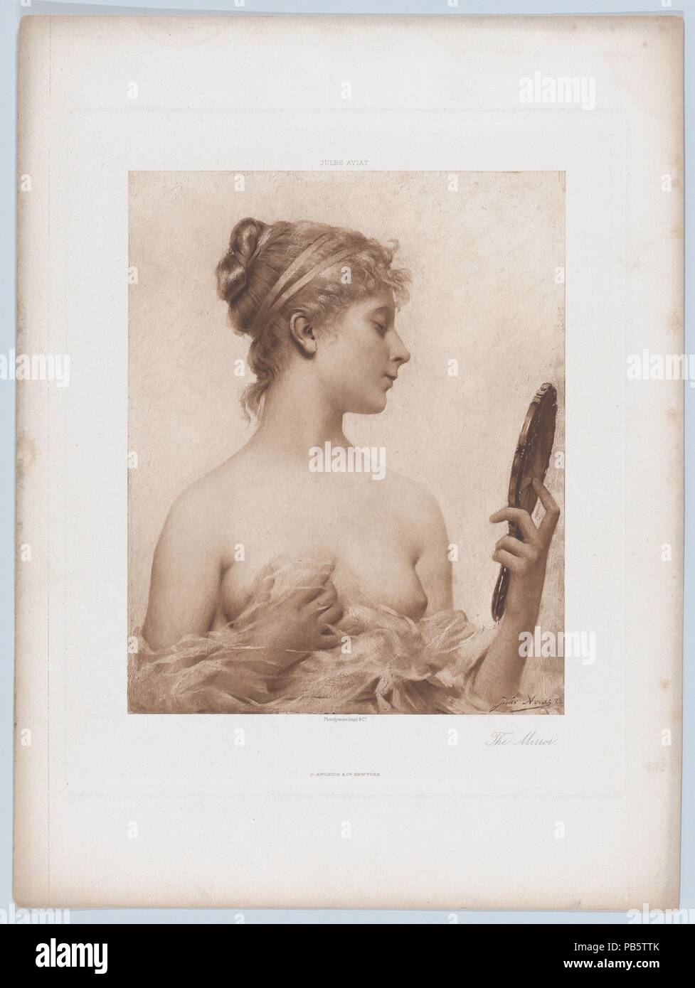 The Mirror. Artist: After Jules Aviat (French, Brienne-le-Château 1844-1931 Périgueux). Dimensions: Sheet: 15 7/8 × 11 7/8 in. (40.3 × 30.1 cm)  Plate: 12 3/16 × 9 13/16 in. (31 × 25 cm). Printer: Goupil & Co.. Publisher: D. Appleton & Co. (New York, NY). Date: 1890.  One of two hundred and twenty five photogravures from copper plates by Groupil & Co. from 'IDEALS OF LIFE IN FRANCE or, How The Great Painters Portray Woman In French Art' by Geroge Sheldon, published by Appleton & Co., New York, 1890. This photogravure is after Jules Aviat's 'The Mirror'. Museum: Metropolitan Museum of Art, New  Stock Photo