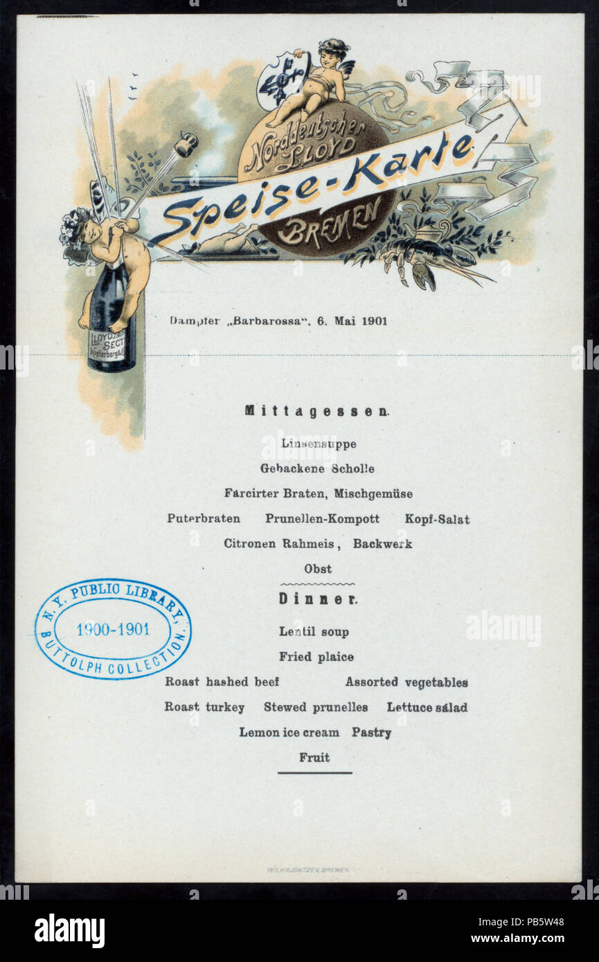 1042 MIDDAY DINNER (held by) NORDDEUTSCHER LLOYD BREMEN (at) EN ROUTE ABOARD DAMPFER BARBAROSSA (SS;) (NYPL Hades-276245-471309) Stock Photo