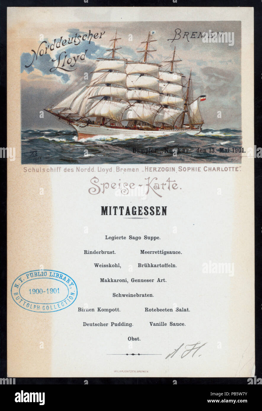 1043 MIDDAY MEAL (held by) NORDDEUTSCHER LLOYD BREMEN (at) EN ROUTE ABOARD DAMPFER NECKER (SS;) (NYPL Hades-276327-471391) Stock Photo