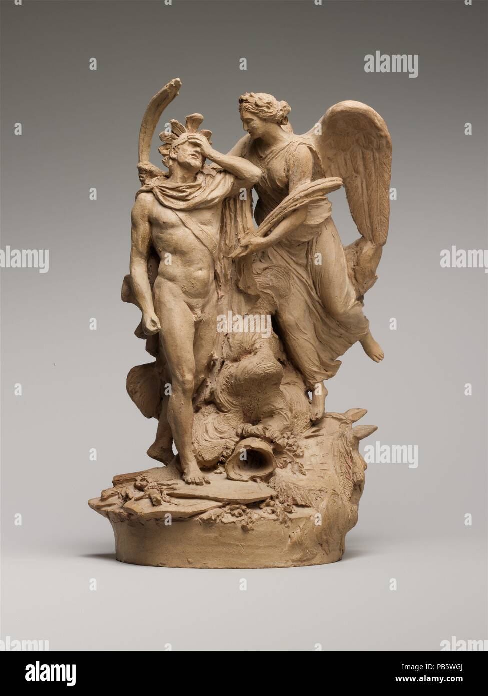 Allegorical Victory of the Grand Condé. Artist: Robert Guillaume Dardel (French, 1749-1821). Culture: French. Dimensions: 9 × 6 × 4 in. (22.9 × 15.2 × 10.2 cm). Date: 1786.  The year 1786 was the centenary of the death of Louis II de Bourbon, prince de Condé, the illustrious warrior of the Louis XIV period known to all as the Grand Condé. His descendant, the eighth prince de Condé, commissioned decorations to honor his forebear. The eighth prince allotted this subject - winged Victory awarding the palm to a wounded hero in agony - to his favorite sculptor, the talented Robert-Guillaume Dardel. Stock Photo