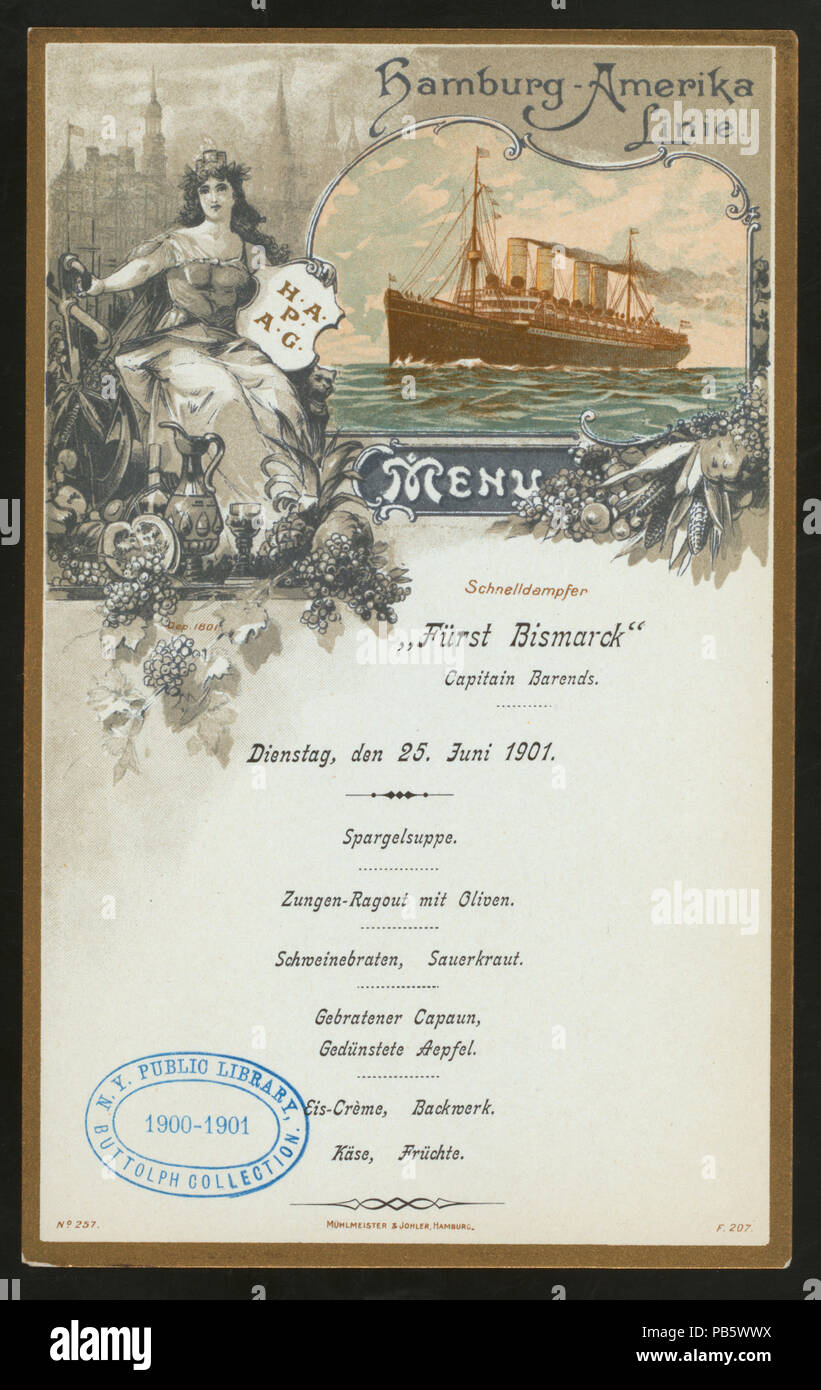 961 LUNCH (held by) HAMBURG-AMERIKA LINIE (at) SS FURST BISMARCK (SS;) (NYPL Hades-276808-469203) Stock Photo