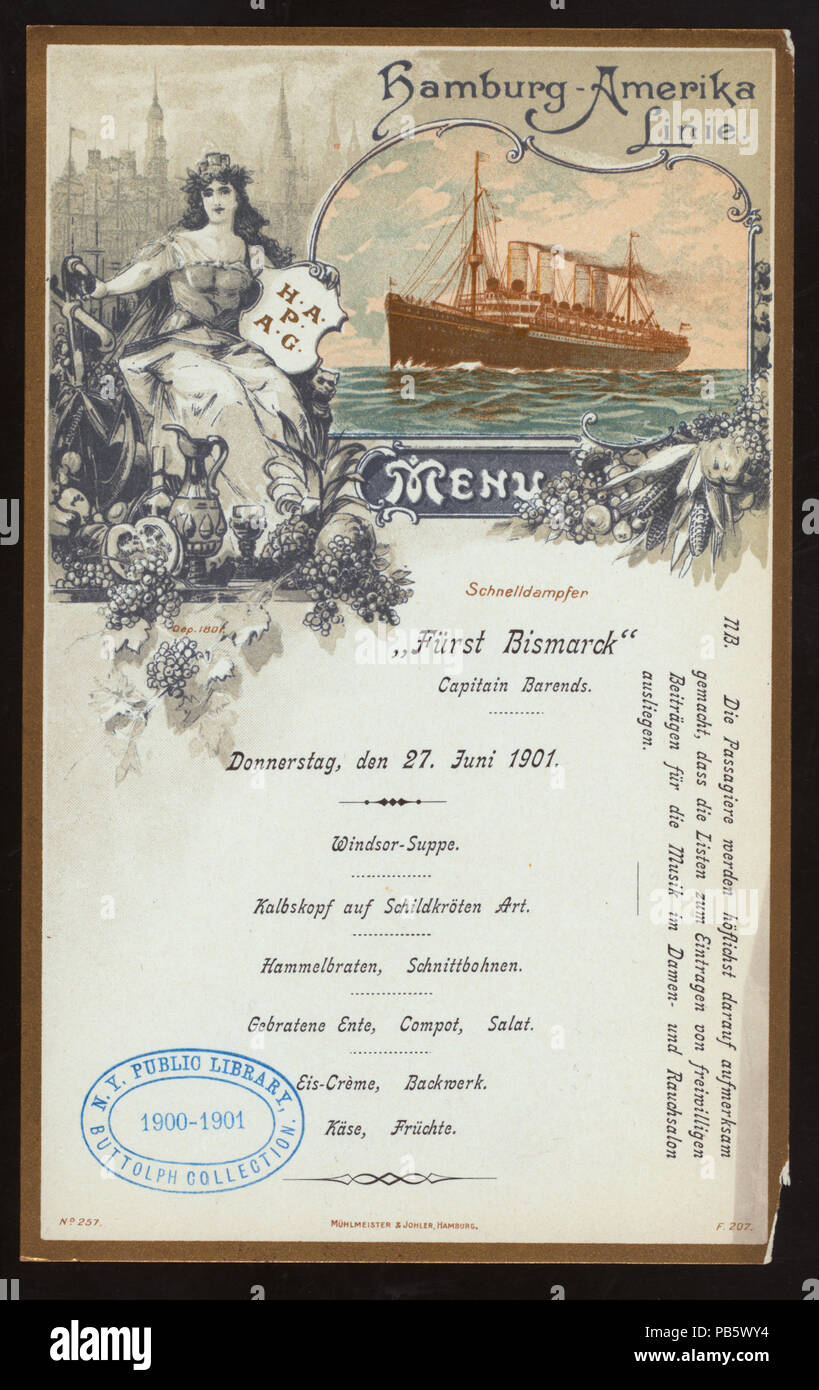 961 LUNCH (held by) HAMBURG-AMERIKA LINIE (at) SS FURST BISMARCK (SS;) (NYPL Hades-276821-469216) Stock Photo