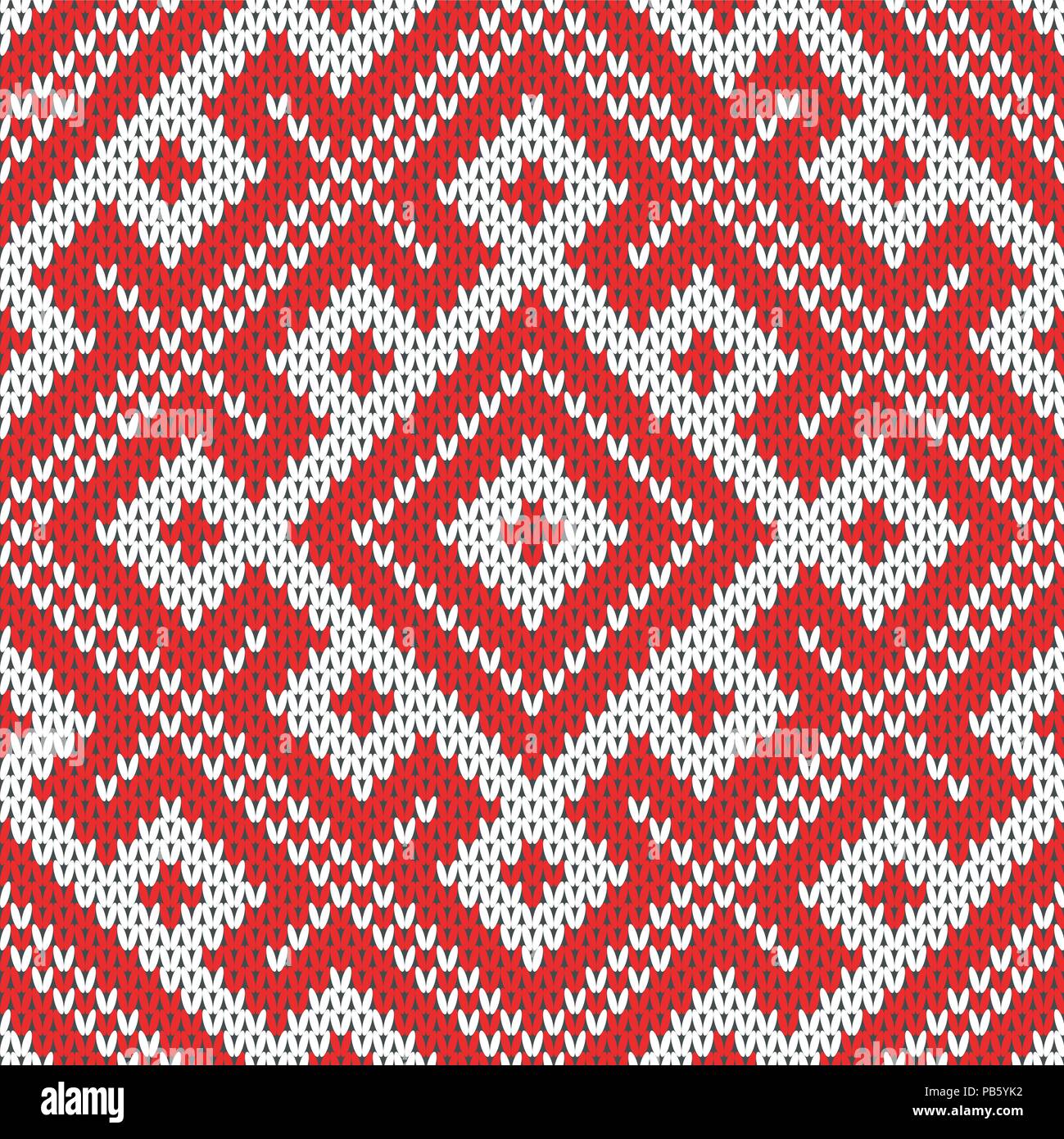 Seamless Knitting Pattern.Based on traditional Russian ornament.Red and white.Wool Knit Texture Imitation. Stock Vector