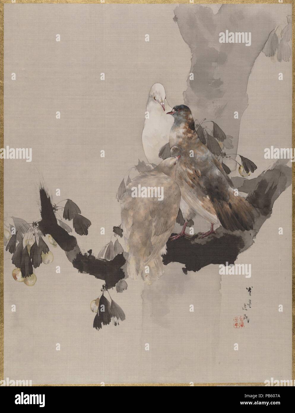 Pigeons in a Tree. Artist: Watanabe Seitei (Japanese, 1851-1918). Culture: Japan. Dimensions: 14 1/8 x 10 3/4 in. (35.9 x 27.3 cm). Date: ca. 1887. Museum: Metropolitan Museum of Art, New York, USA. Stock Photo