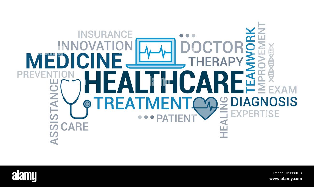 Medicine, doctors and healthcare tag cloud with icons and concepts Stock Vector
