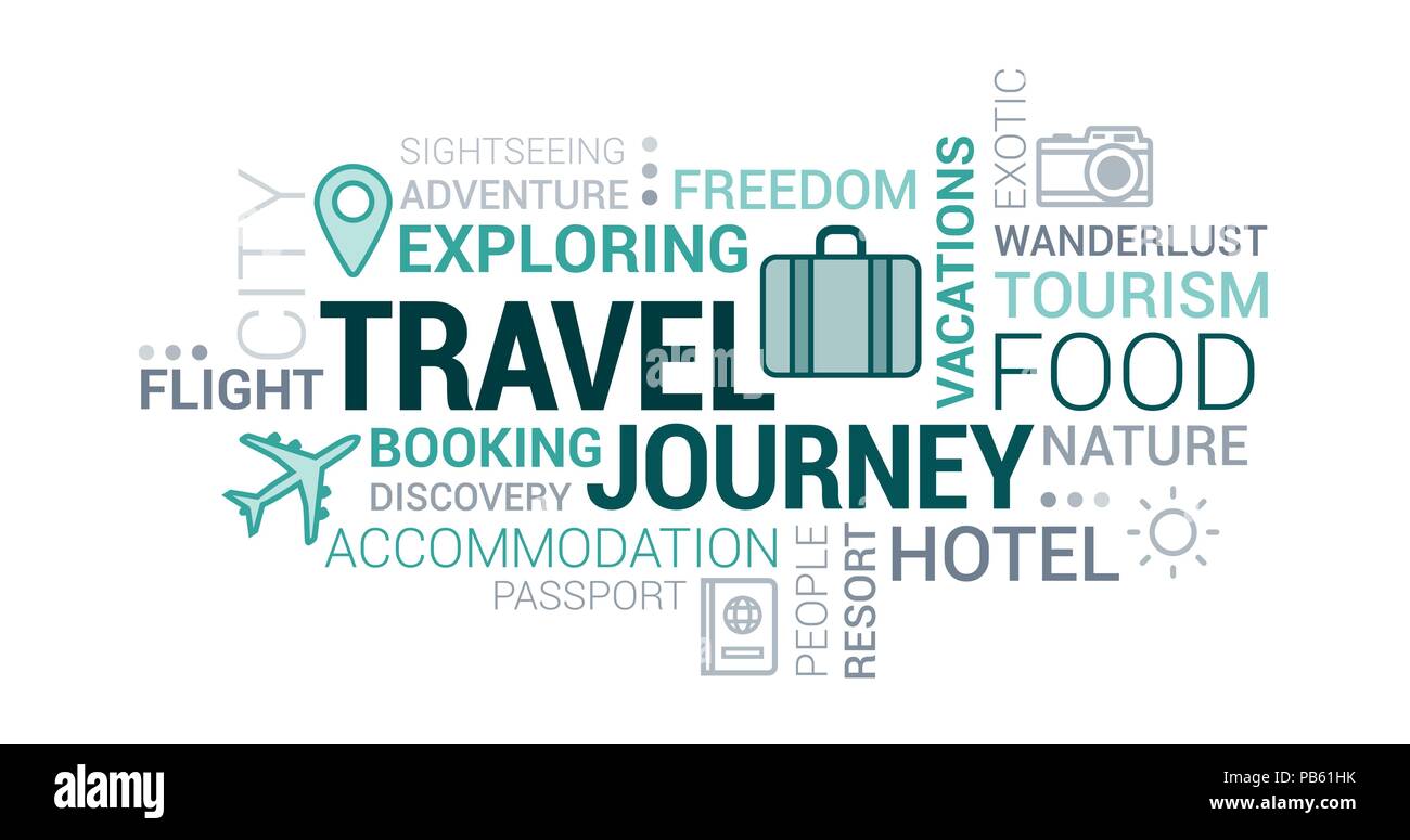 Travel, adventure and tourism tag cloud with icons and concepts Stock Vector