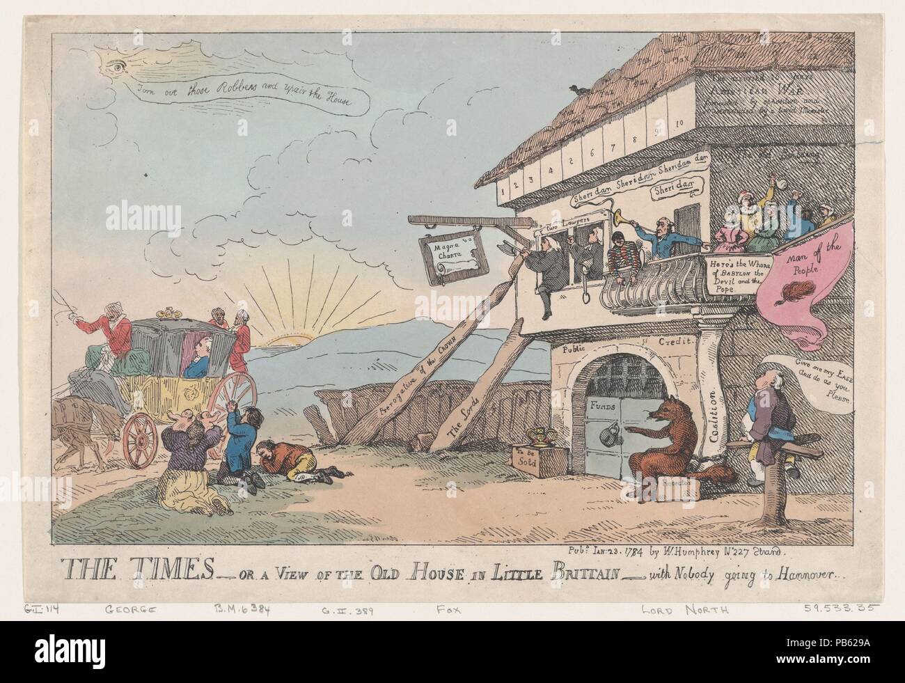 The Times - Or A View Of The Old House In Little Brittain - With Nobody Going To Hannover. Artist: Thomas Rowlandson (British, London 1757-1827 London). Dimensions: Sheet: 9 1/2 × 13 7/8 in. (24.2 × 35.2 cm). Published in: London. Publisher: William Humphrey (British, 1742?-before 1814). Subject: Charles James Fox (British, 1749-1806); Georgiana Cavendish, Duchess of Devonshire (British, Wimbledon, Surrey 1757-1806 Devonshire); Frederick North, 2nd Earl of Guilford (British, 1732-1792); George III, King of Great Britain and Ireland (British, London 1738-1820 Windsor); The Right Honorable Edmun Stock Photo