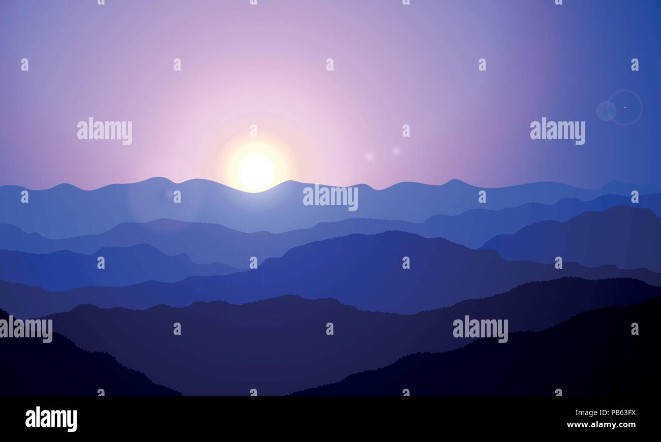 A group of mountains and hills at beautiful sunrise Stock Vector