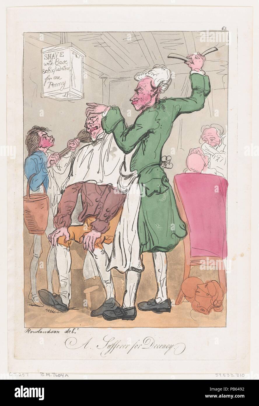 A Sufferer for Decency. Artist: Thomas Rowlandson (British, London 1757-1827 London). Dimensions: Sheet: 15 3/16 × 10 1/16 in. (38.5 × 25.5 cm)  Plate: 14 × 9 1/4 in. (35.5 × 23.5 cm). Publisher: Mrs. Lay (British, active Brighton, ca. 1790). Date: June 20, 1789. Museum: Metropolitan Museum of Art, New York, USA. Stock Photo