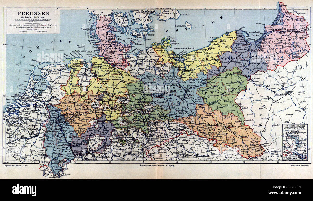 . Deutsch: Karte „Preußen“ (1 : 3 400 000) mit Nebenkarte „Hohenzollern ...
