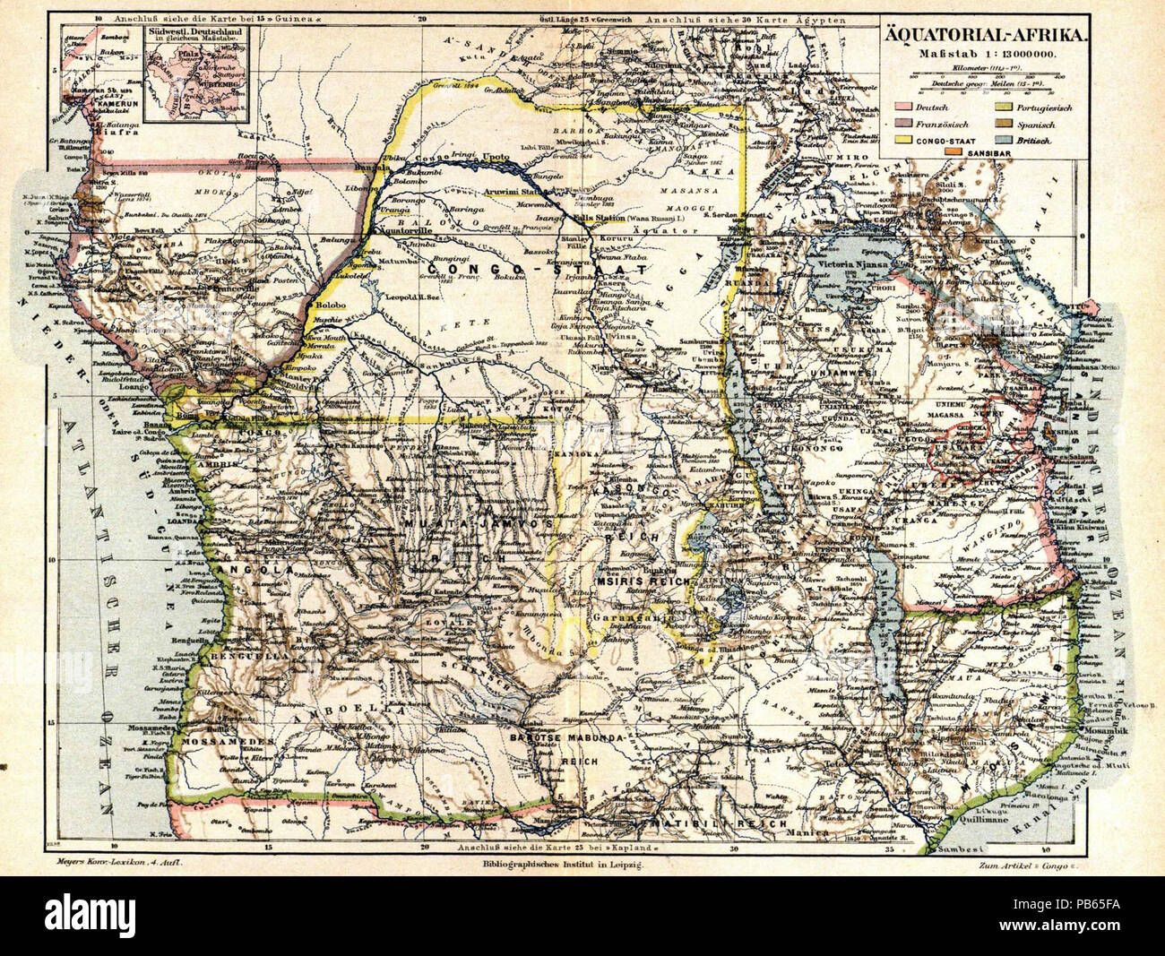 . Deutsch: Karte „Äquatorial-Afrika“ (1 : 13 000 000), zum Vergleich oben links: „Südwestl. Deutschland in gleichem Maßstabe“ . from 1885 until 1890 1035 Meyers b4 s0242a Stock Photo
