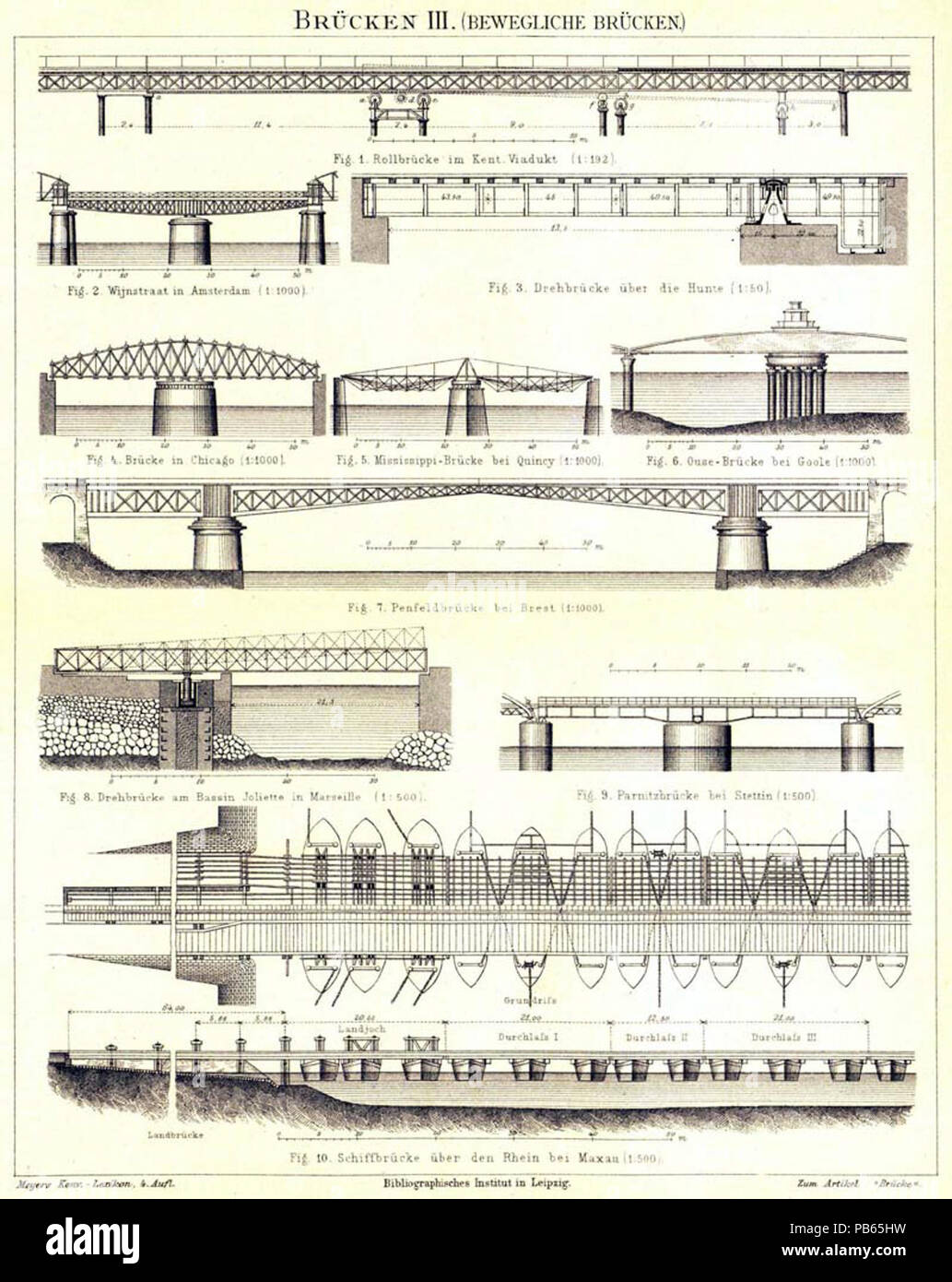 . English: bridges III Français : ponts III Deutsch: Brücken III. Bewegliche Brücken Fig. 1. Rollbrücke im Kent. Viadukt (1:192). Fig. 2. Wijnstraat in Amsterdam (1:1000). Fig. 3. Drehbrücke über die Hunte (1:50). Fig. 4. Brücke in Chicago (1:1000). Fig. 5. Mississippi-Brücke bei Quincy (1:1000). Fig. 6. Ouse-Brücke bei Goole (1:1000). Fig. 7. Penfeldbrücke bei Brest (1:1000). Fig. 8. Drehbrücke am Bassin Joliette in Marseille (1:500). Fig. 9. Parnitzbrücke bei Stettin (1:500). Fig. 10. Schiffbrücke über den Rhein bei Maxau (1:500). circa 1885 1033 Meyers b3 s0491c Stock Photo